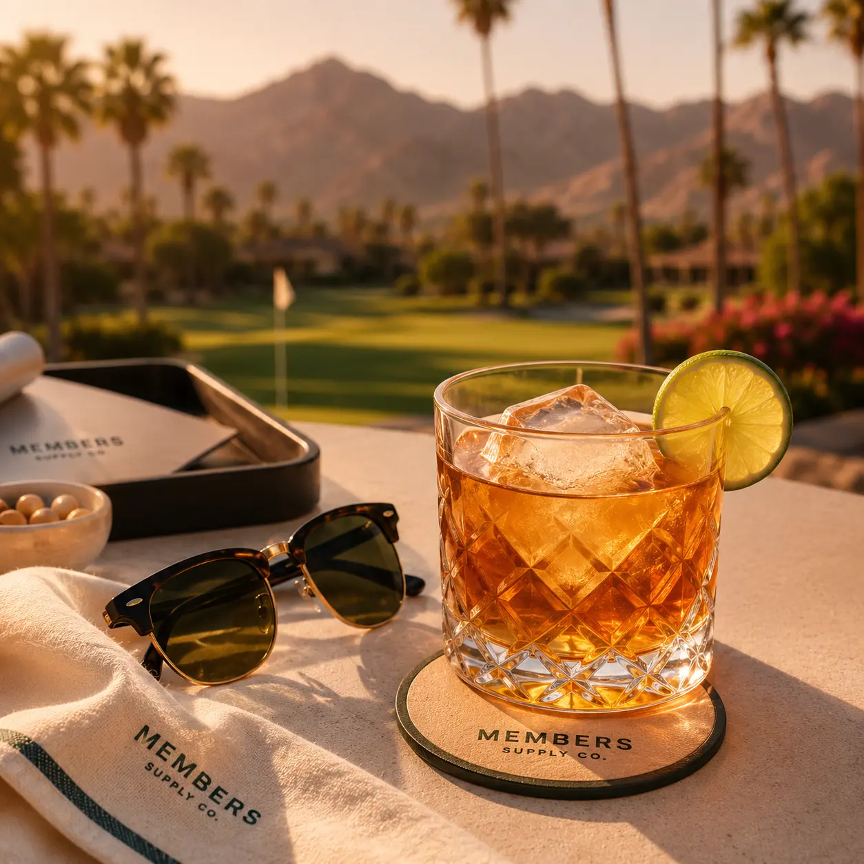 A drink overlooking the course at golden hour