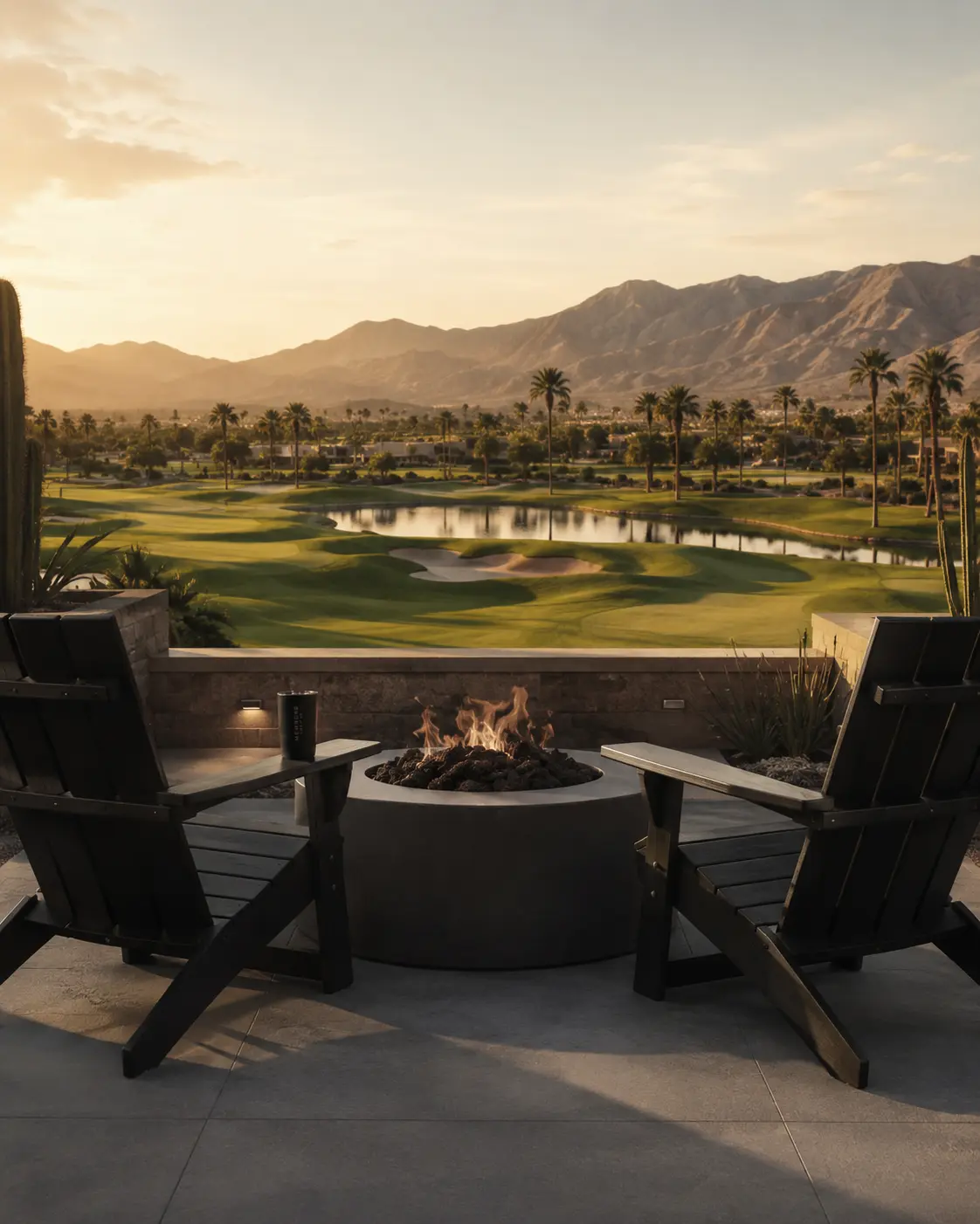 Fire pit overlooking a desert golf course